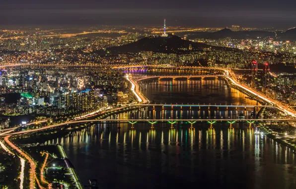 Картинка город, огни, панорама, мегаполис, Сеул