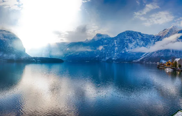 Картинка горы, озеро, дома, Австрия, Альпы, набережная, Austria, Hallstatt, Alps, Гальштатское озеро, Гальштат, Lake Hallstatt