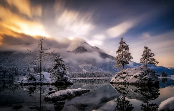 Картинка зима, горы, озеро, утро
