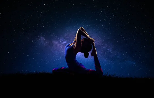 Картинка девушка, ночь, поза, звёзды, грация, Yoga