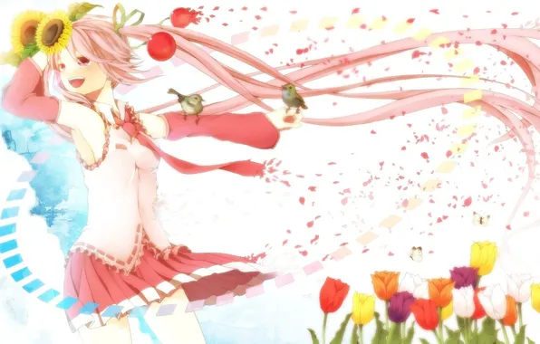 Картинка радость, подсолнухи, весна, лепестки, галстук, тюльпаны, птички, vocaloid, Hatsune Miku, розовые волосы, Sakura Miku