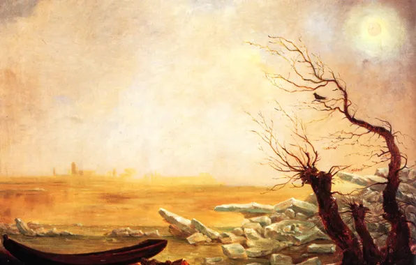 Картинка солнце, Карл Густав Карус, Романтизм, Немецкая школа живописи, Лодка в ледяных плавучих льдинах