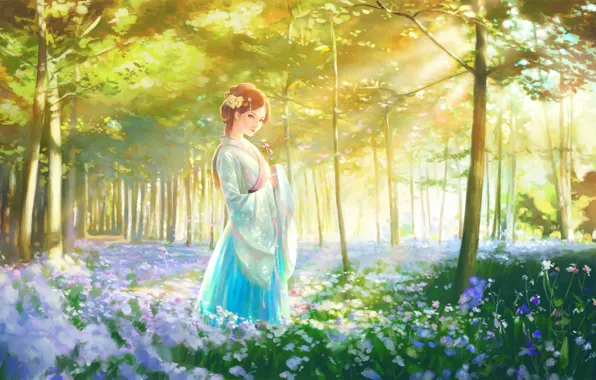 Картинка лето, девушка, свет, поляна, кимоно, цветочки, опушка леса