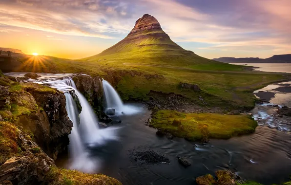 Картинка солнце, река, скалы, гора, водопады, Исланди