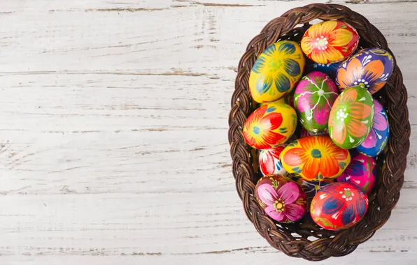 Картинка корзина, весна, colorful, Пасха, wood, spring, Easter, eggs, decoration, Happy, яйца крашеные