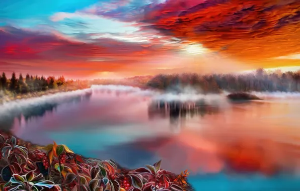 Картинка небо, деревья, закат, цветы, природа, туман, озеро, by exobiology
