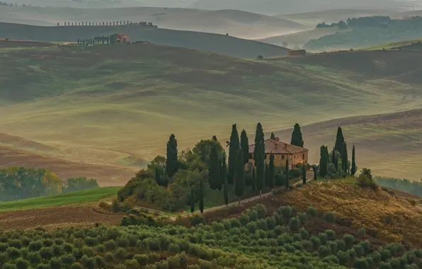 Картинка дом, холмы, поля, Италия, Тоскана