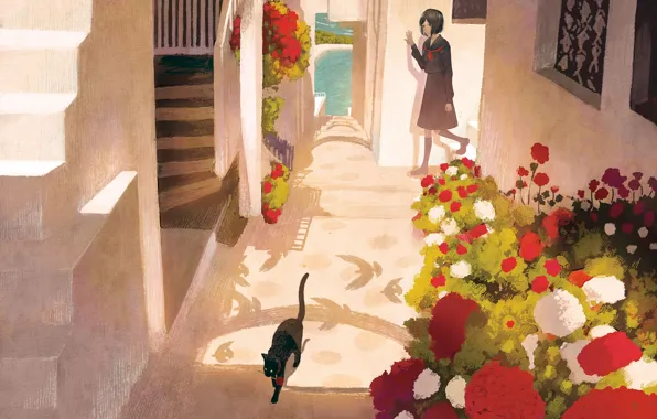 Картинка кошка, девушка, цветы, коридор