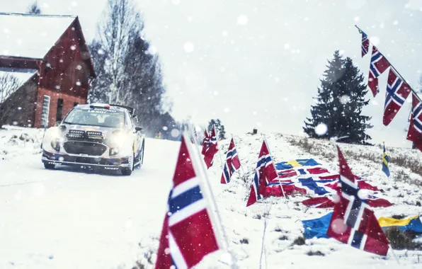 Картинка Ford, Зима, Авто, Снег, Спорт, Машина, Форд, Гонка, Норвегия, Флаги, Фары, Автомобиль, WRC, Rally, Ралли, …