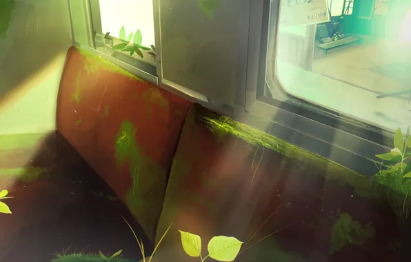 Картинка мох, растения, автобус, заброшен