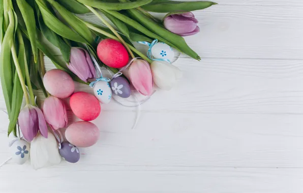 Картинка цветы, яйца, colorful, Пасха, тюльпаны, wood, pink, flowers, tulips, spring, Easter, eggs, violet, decoration, Happy, …