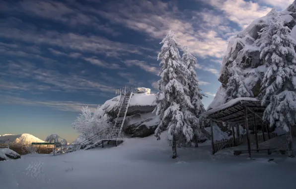 Картинка зима, облака, снег, национальный парк, Таганай, Чёрная скала