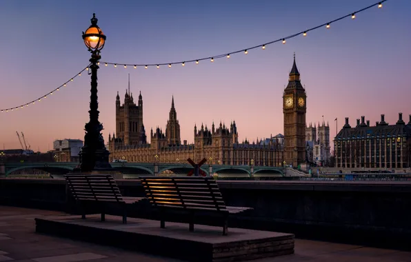 Картинка мост, Англия, Лондон, башня, фонарь, набережная, скамья, парламент
