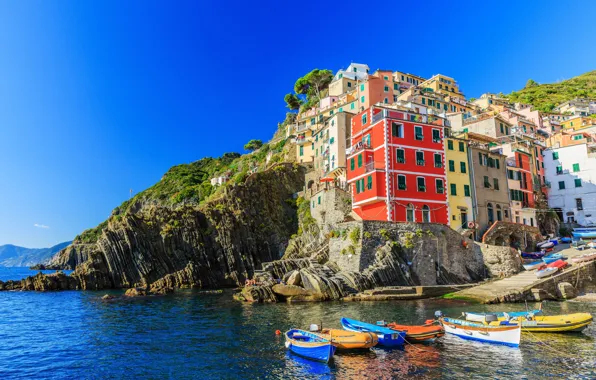 Картинка море, скалы, побережье, вилла, лодки, Италия, домики, Riomaggiore, travel