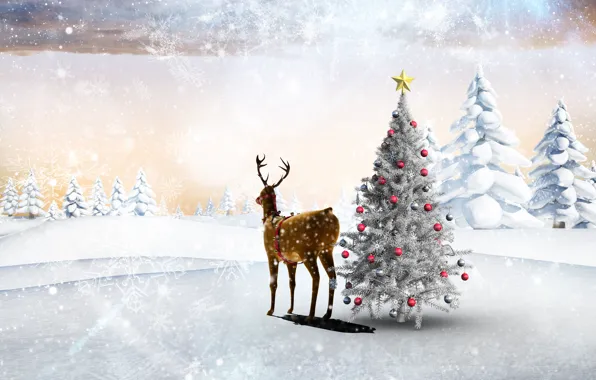 Картинка зима, лес, снег, деревья, снежинки, праздник, шары, поляна, игрушки, звезда, новый год, олень, сугробы, ёлка, …