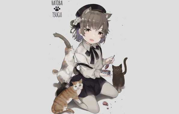 Картинка кошки, фон, коты, аниме, девочка, серый фон