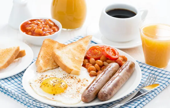 Картинка яйцо, сосиски, кофе, завтрак, сок, яичница, тосты, бобы