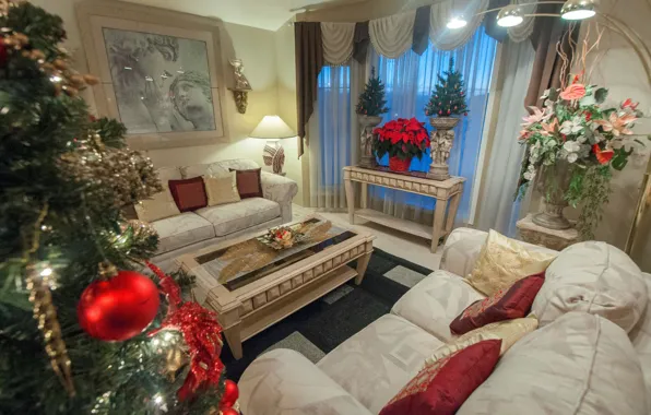 Картинка цветы, стол, комната, диван, праздник, елка, картина, Новый Год, Рождество, ваза