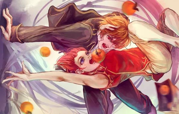 Картинка апельсины, руки, пакет, драка, вихрь, рыжая, двое, Okita Souji, Gintama, Kagura, Гинтама, парень с девушкой