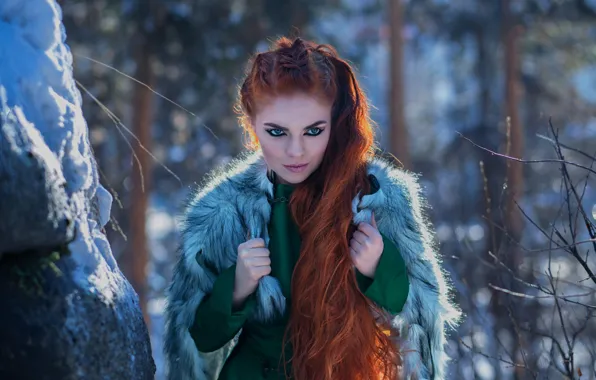Картинка зима, взгляд, девушка, рыжая, рыжеволосая, длинные волосы, Наталья Баклукова