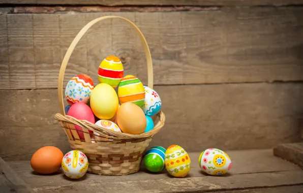 Картинка корзина, colorful, Пасха, happy, wood, spring, Easter, eggs, holiday, basket, яйца крашеные