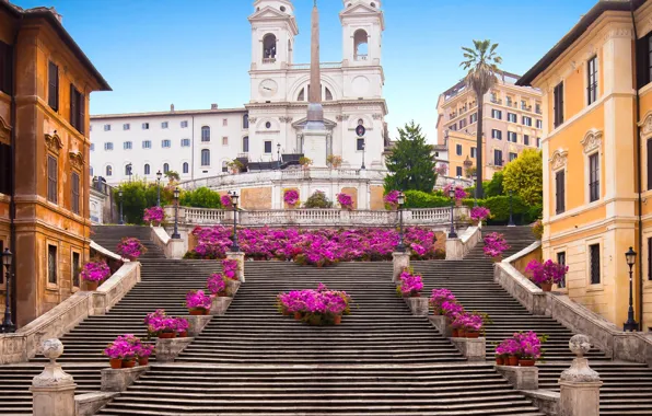 Картинка цветы, дома, Рим, Италия, ступени, Rome, architecture, Испанская лестница, The Spanish Steps