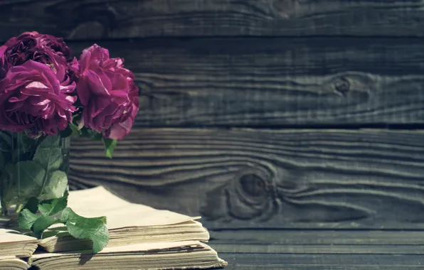 Картинка розы, vintage, wood, flowers, beautiful, purple, book