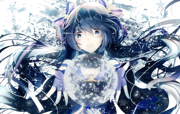 Картинка девушка, снег, снежинки, магия, шар, аниме, арт, vocaloid, hatsune miku, yuki miku, re:rin