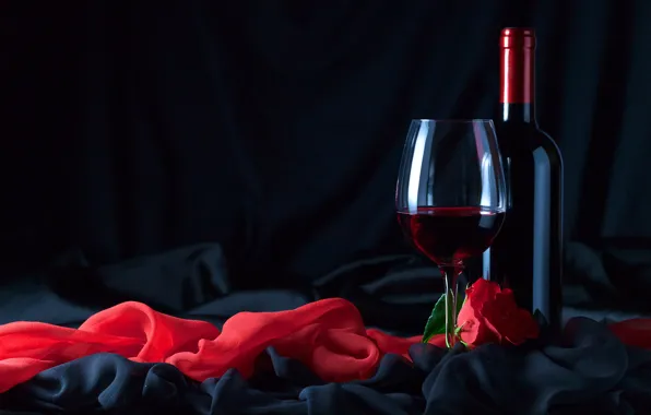 Картинка цветок, вино, бокал, роза, бутылка, ткань, чёрная, красная