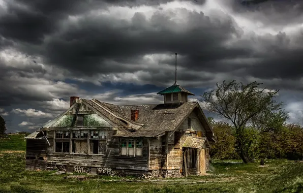 Картинка поле, небо, дом, Abandoned School House