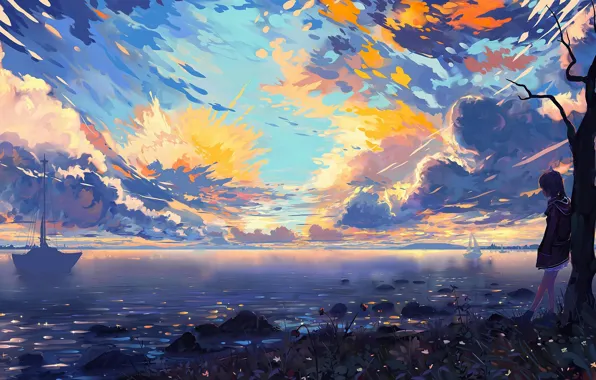 Картинка colorful, sky, clouds, lake, tree, mood, painting, digital art, boats, artwork, Child