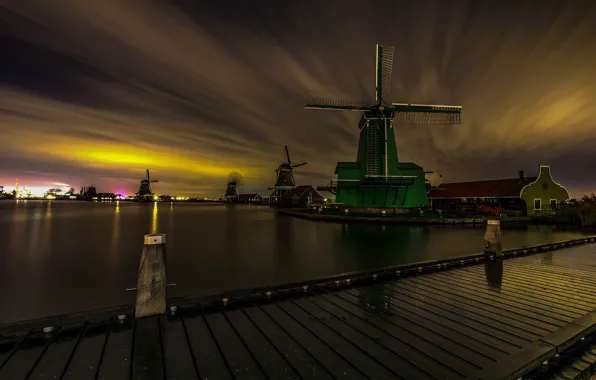 Картинка ночь, мост, огни, канал, Нидерланды, ветряная мельница, Зансе-Сханс