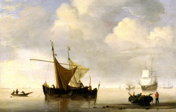 Картинка море, лодка, корабль, картина, парус, Виллем ван де Велде Младший, Willem van de Velde, Безветрие. …