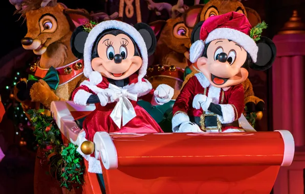 Картинка Рождество, Новый год, сани, олени, Disney World, Mickey Mouse, Диснейуорлд, Minnie Mouse