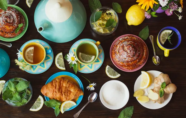 Картинка лимон, чай, мед, чашка, lemon, honey, травы, выпечка, cup, булочка, круассан, tea, herbal