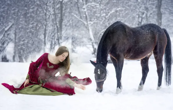 Картинка зима, девушка, снег, конь, платье