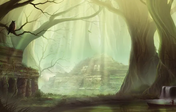 Картинка деревья, лодка, храм, водоём, Lost Temple