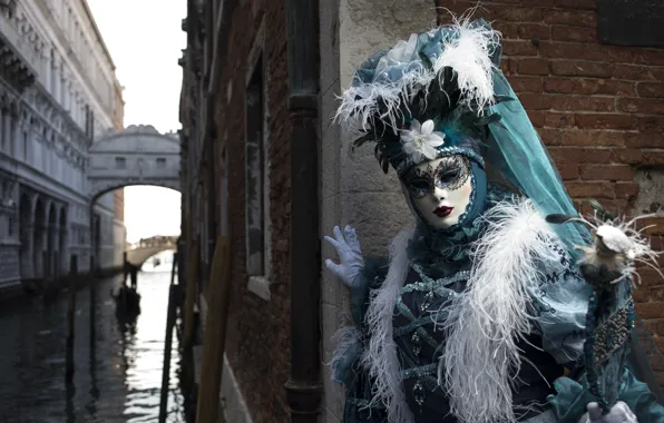 Картинка перья, маска, костюм, Венеция, канал, карнавал