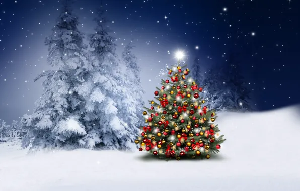 Картинка зима, снег, украшения, снежинки, шары, елки, Новый Год, Рождество, happy, Christmas, night, winter, snow, Merry …