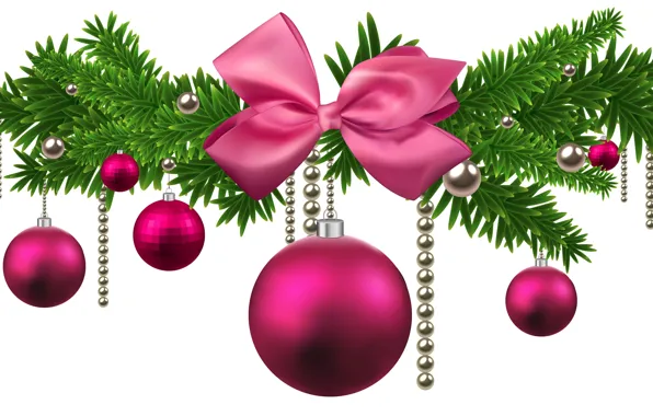 Картинка шары, елка, Новый год, бусы, украшение, розовые, бант
