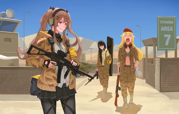 Картинка gun, game, weapon, anime, sand, AK-47, rifle, tank, japanese, assault rifle, AR-15, uniform, bishojo, suna, …