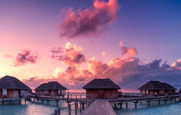 Картинка море, небо, облака, закат, тропики, горизонт, Мальдивы, бунгало