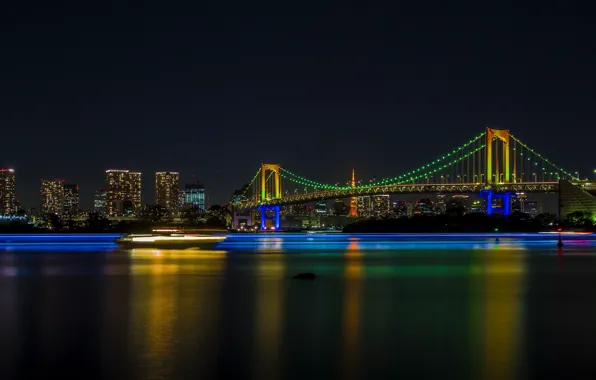 Картинка огни, здание, Tokyo, Japan, Rainbow Bridge