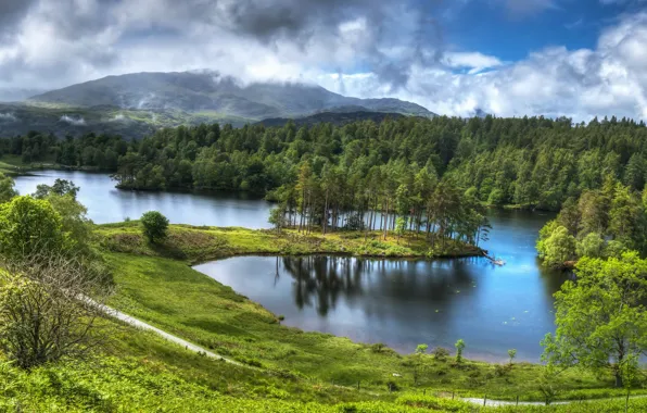 Картинка лес, небо, пейзаж, горы, озеро, парк, HDR, Великобритания, United Kingdom, Lake, National Park