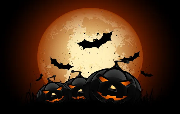 Картинка vector, Halloween, moon, night, bats, pumpkins, full moon, scary, spooky, vector art, holyday