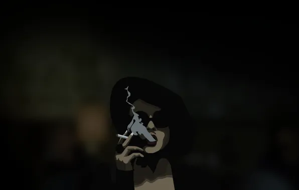 Картинка девушка, серый, фон, черный, тень, размытие, шляпа, кольцо, очки, сигарета, black, курит, woman