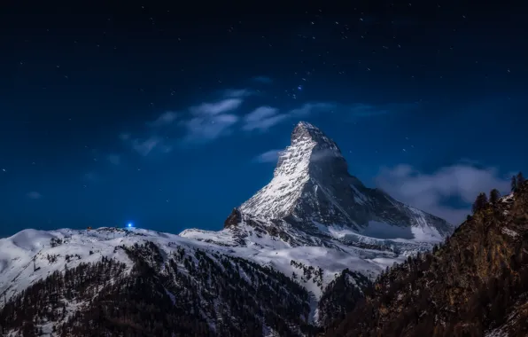 Картинка небо, горы, ночь, гора, Альпы, гора Маттерхорн