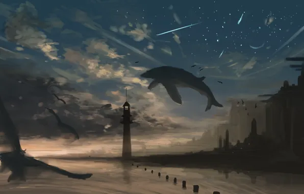Картинка море, небо, природа, маяк, чайки, кит