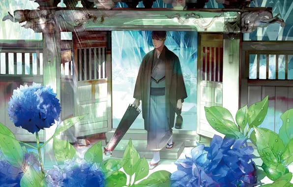 Картинка цветы, парень, кимоно