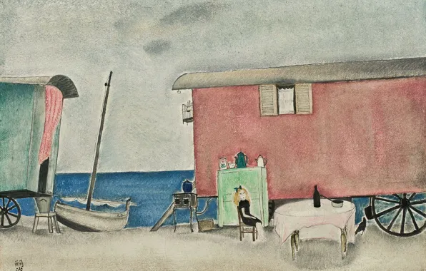 Картинка море, пляж, девушка, стол, лодка, рыжая, трейлер, Цыганский табор, 1919, Цугухару, Фудзита